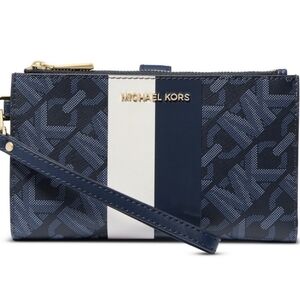 Michael Kors Jet Set Logo Center Stripe Double Zip Wristlet Blue
